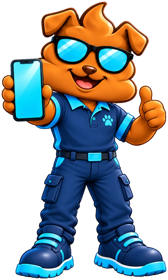 Purge Pros mascot holding up a phone and giving a thumbs-up.
