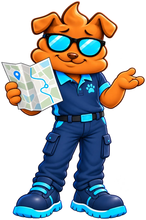 Purge Pros mascot holding an unfolded street map, with a kind shrug.