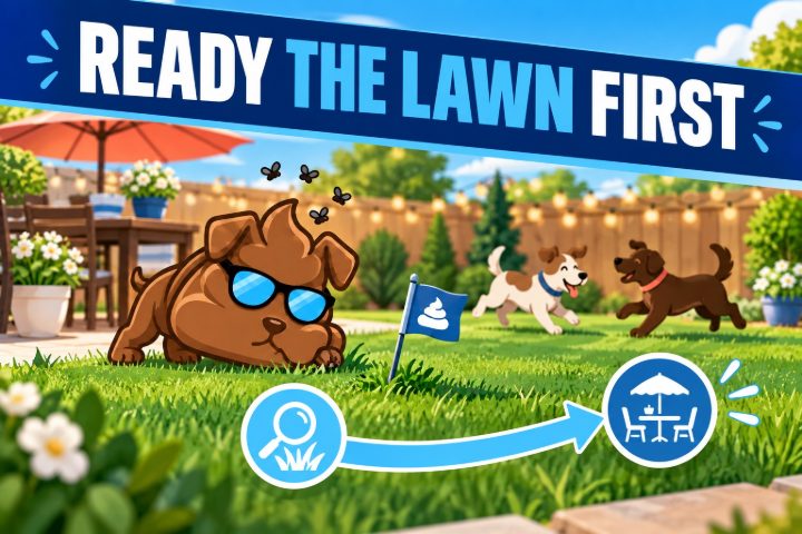 Purge Pros mascot checking the grass beside a small flag while two dogs play near a patio table, under the words Ready the lawn first.