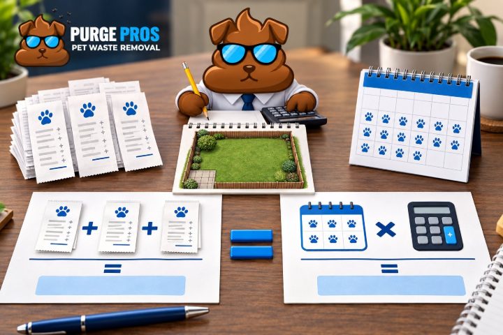 Illustrated Purge Pros mascot balancing per-visit receipts, a calendar and a calculator beside one shared yard scope.