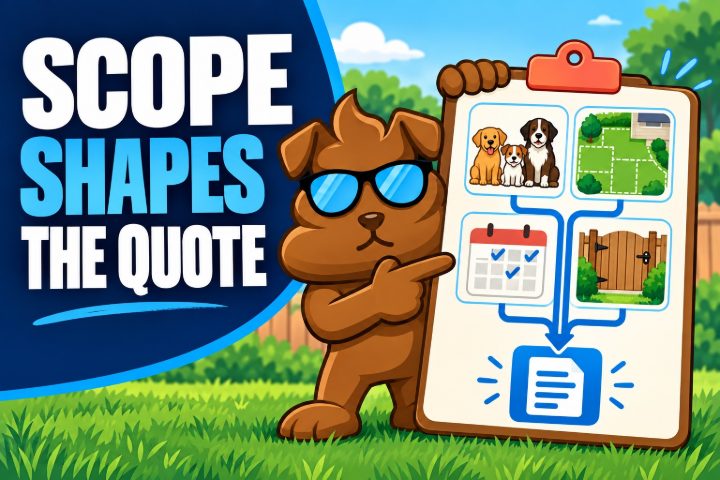 Purge Pros mascot connects dog count, yard areas, and service frequency to a cleanup quote