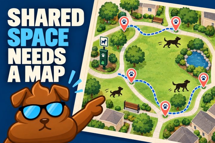 Illustrated overhead community green-space map with walkway, pet station, benches, and blue responsibility pins, guided by faithful brown Purge Pros character.