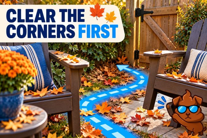 Seasonal close-up illustration of outdoor chairs, leaves, and gate corner with a blue search path, guided by a faithful brown Purge Pros character.