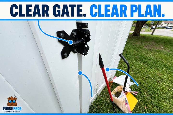 Purge Pros job photo of a closed white gate latch and cleanup tools, with blue access callouts.