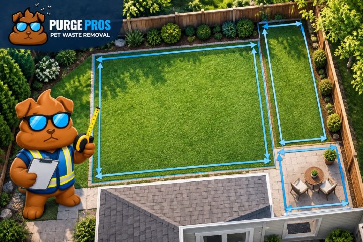 Illustrated Purge Pros mascot measuring three rectangular yard sections with blue arrows.