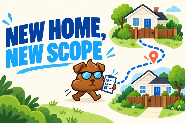 Purge Pros mascot carries a checklist along a blue route between two illustrated homes and their yards.