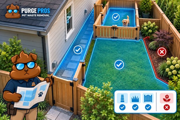 Purge Pros mascot holding a yard map beside a side yard, a dog run and a lawn marked with blue check marks, and a planting bed marked with a red X.