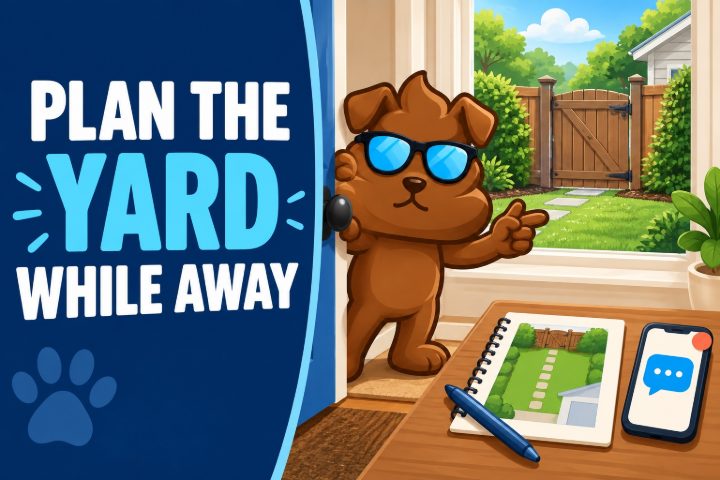 Purge Pros mascot beside a yard plan and message reminder, looking toward a closed backyard gate.