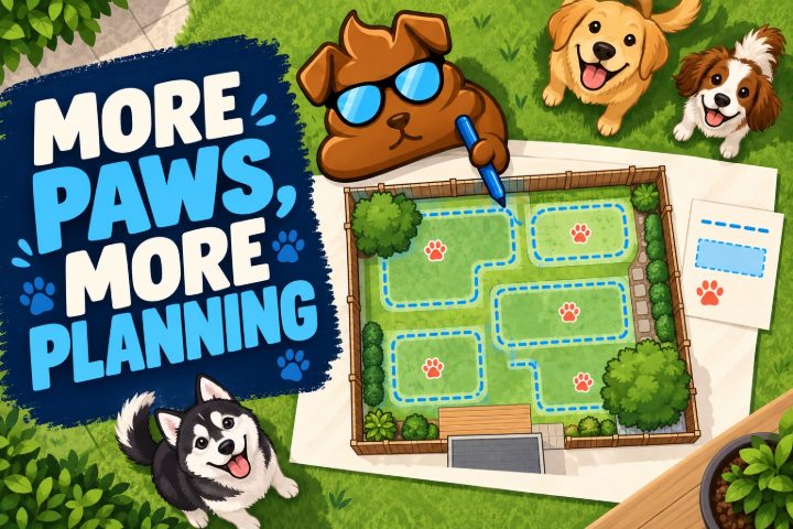 Illustrated overhead yard map with multiple paw markers and blue coverage legend, updated by a faithful brown Purge Pros character.