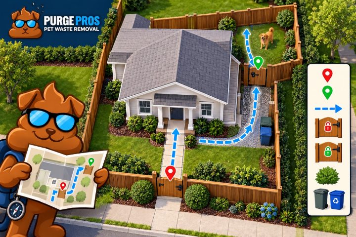 Illustrated Purge Pros mascot holding a map with two gate routes and blue arrows through a side passage.