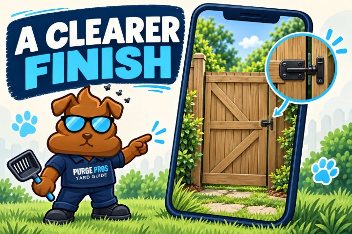 Illustrated Purge Pros mascot points to a phone-shaped frame showing a closed wooden gate and a latch detail, beneath A Clearer Finish.
