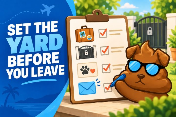 Purge Pros mascot with a vacation checklist showing luggage, gate access, pet care and communication icons.