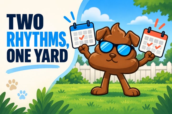 Purge Pros mascot holding calendars for weekly and twice-weekly yard cleanup, with the words Two rhythms, one yard.