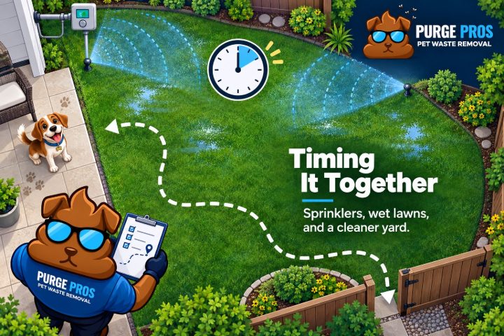 A backyard seen from above with two sprinklers running, a clock, a dotted path to the gate, and the Purge Pros mascot checking a clipboard.
