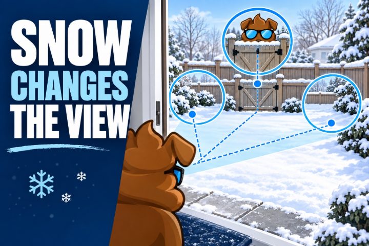 Purge Pros mascot looks over a snow-covered yard with blue callouts for gate access and cleanup visibility.