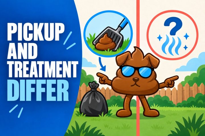 Illustrated split graphic showing a scoop and waste bag for pickup versus an odor-treatment question, with a faithful brown Purge Pros mascot between the two lanes.