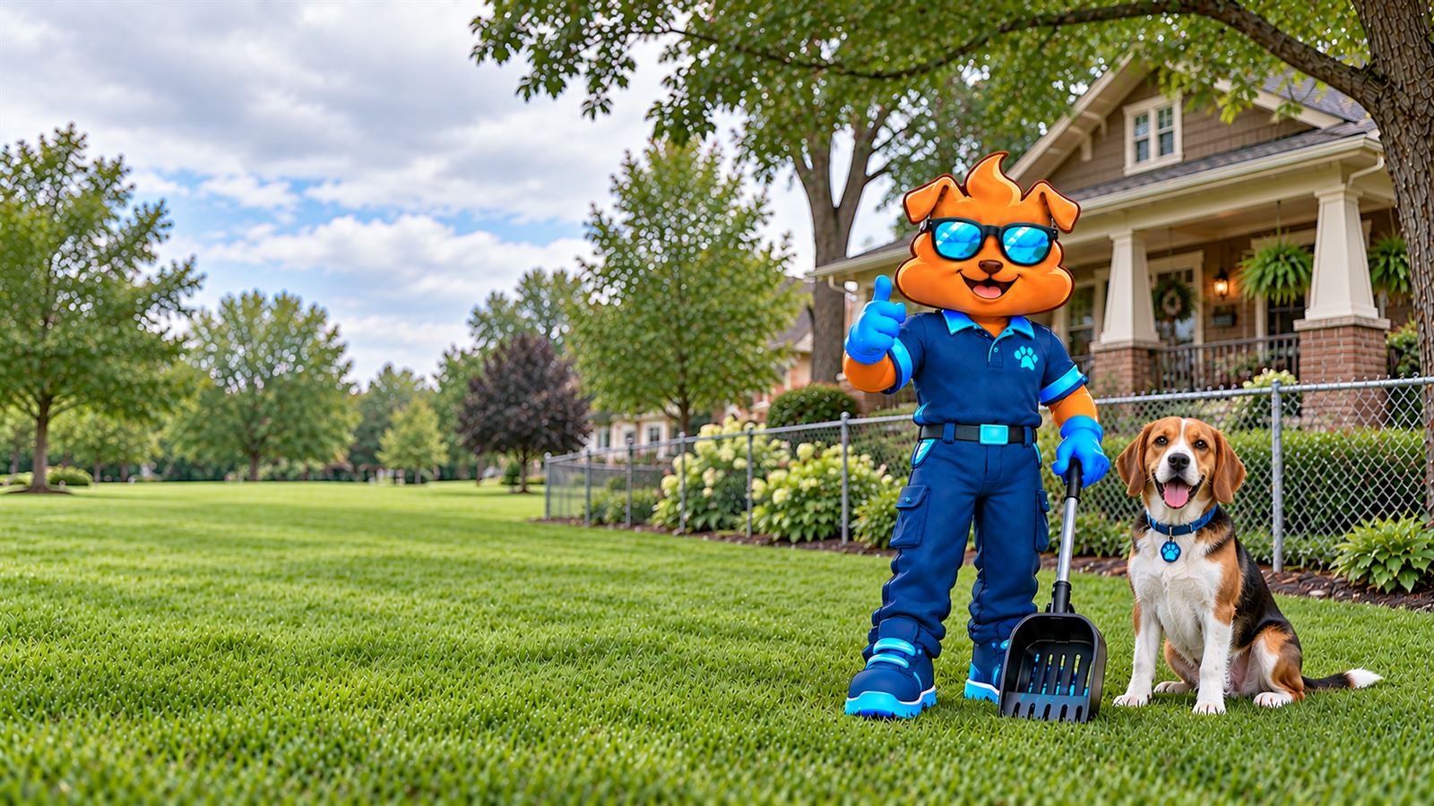 Purge Pros mascot in blue gloves giving a thumbs-up and holding a scooper beside a beagle on a shaded lawn, with a chain-link fence and a craftsman bungalow porch behind.