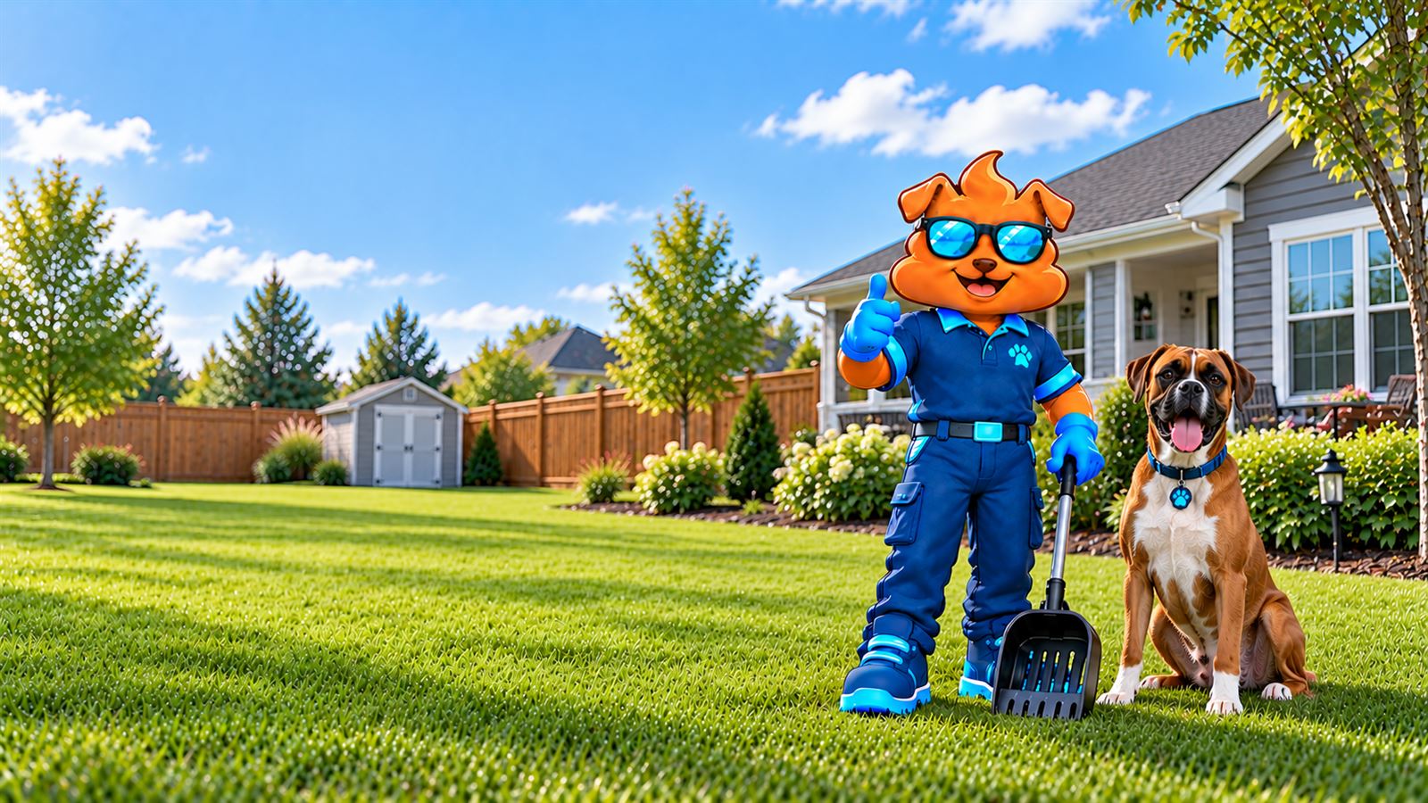 Purge Pros mascot in blue gloves giving a thumbs-up and holding a scooper beside a boxer on a broad lawn, with a wood privacy fence, a garden shed and a grey home behind.
