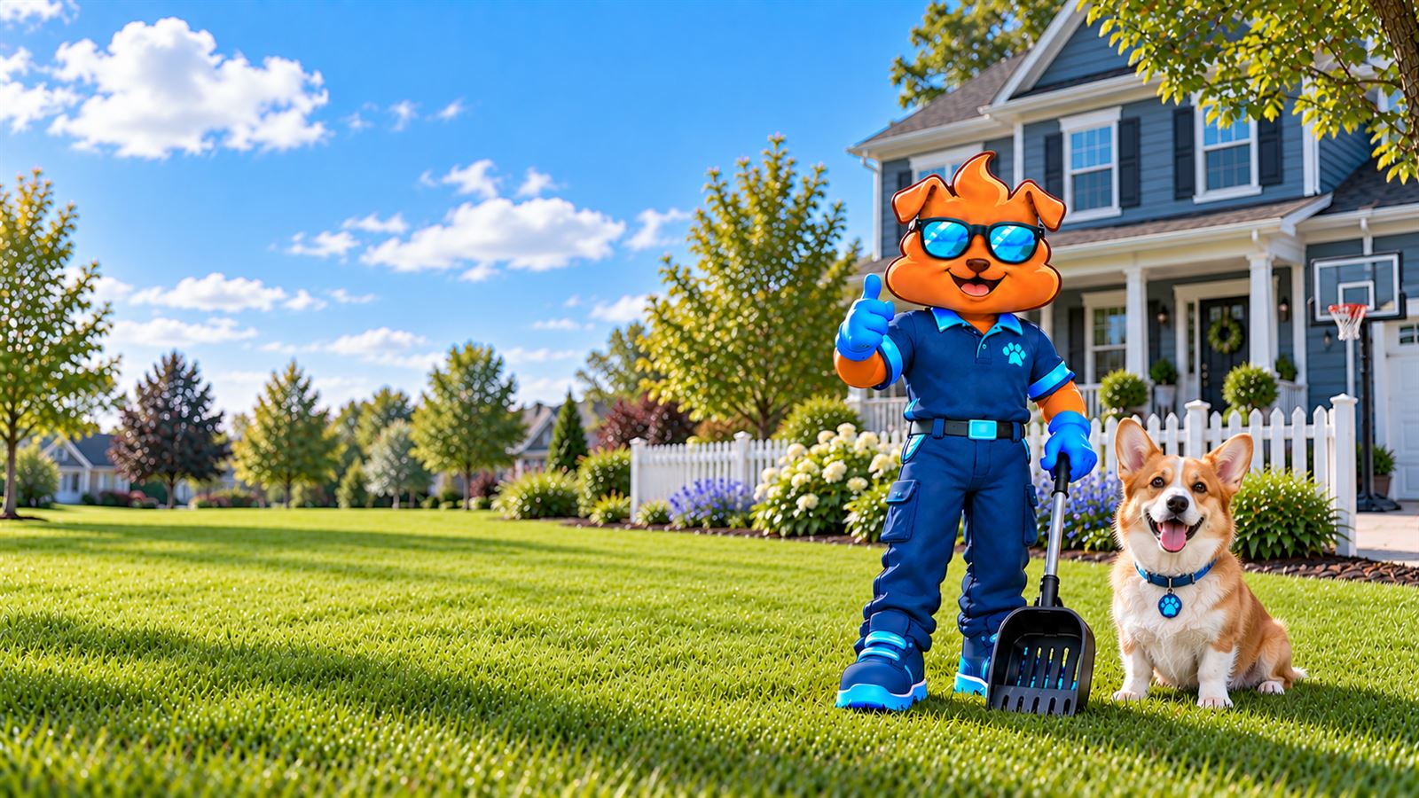 Purge Pros mascot in blue gloves giving a thumbs-up and holding a scooper beside a corgi on a front lawn, with a white picket fence, a basketball hoop and a navy two-storey home behind.