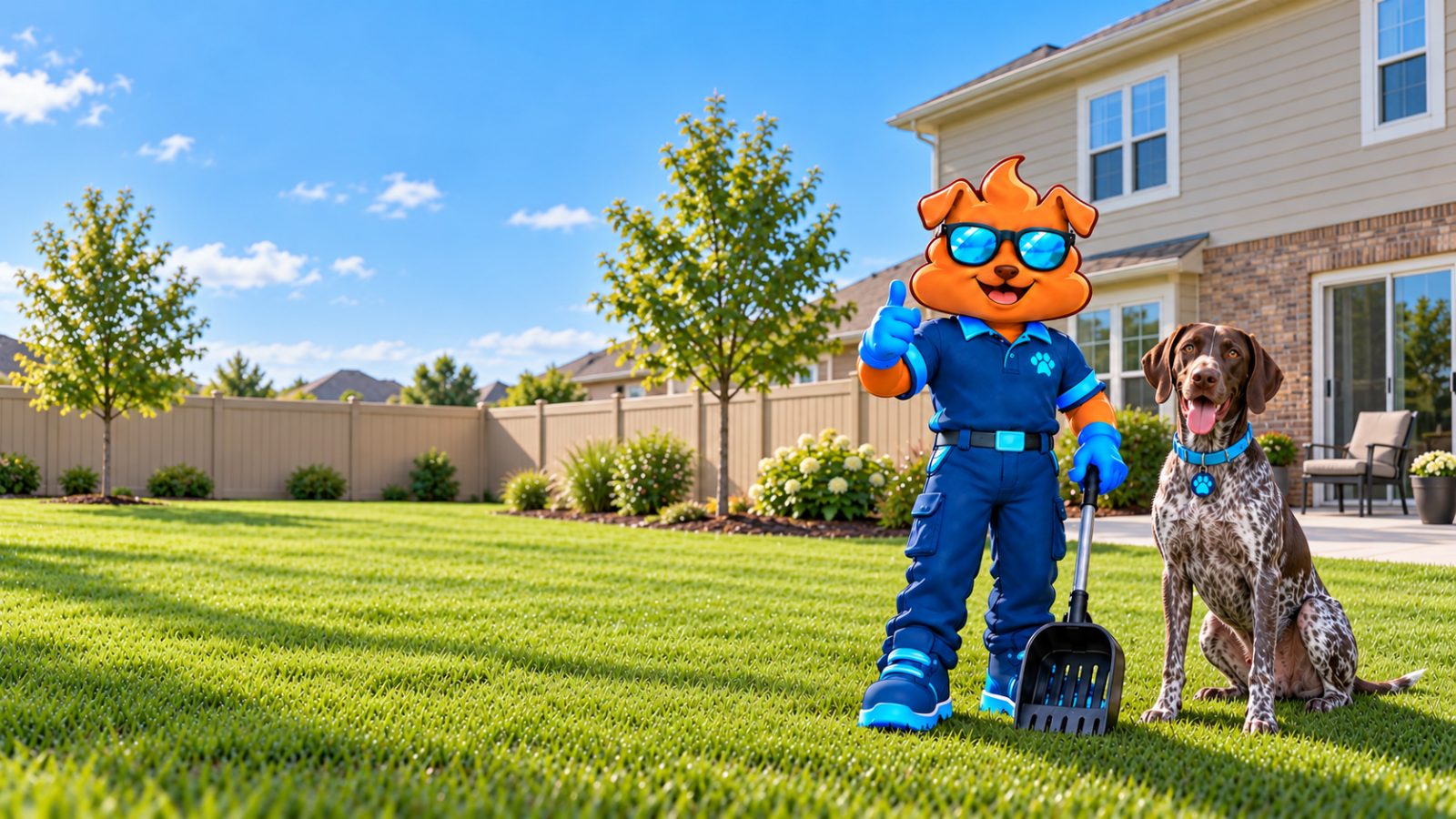 Purge Pros mascot in blue gloves giving a thumbs-up and holding a scooper beside a German shorthaired pointer on a subdivision lawn, with a tan privacy fence, a small patio and a tan two-storey home behind.