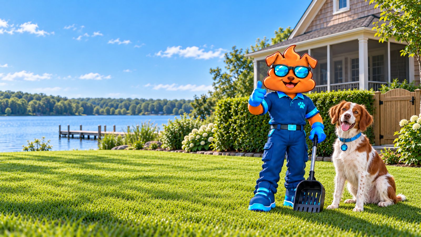 Purge Pros mascot in blue gloves giving a thumbs-up and holding a scooper beside a Brittany on a lawn that runs toward a lake, with a small dock in the distance, a wooden side gate and a cedar-shingled cottage with a screened porch behind.