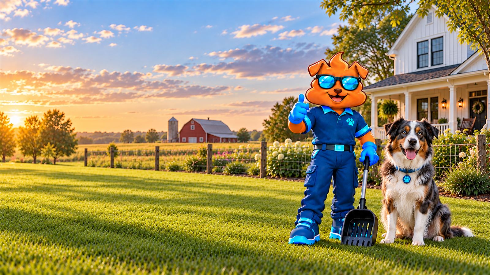 Purge Pros mascot in blue gloves giving a thumbs-up and holding a scooper beside an Australian shepherd at sunset, with a wire fence, open fields and a red barn in the distance.