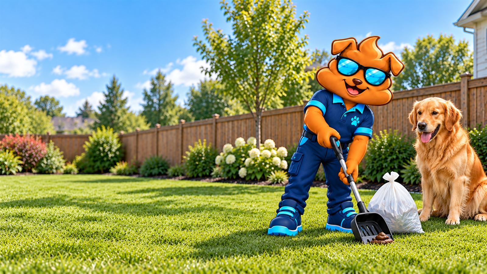 Purge Pros mascot scooping a fenced back lawn with a long-handled scooper, a tied bag beside him and a golden retriever watching.