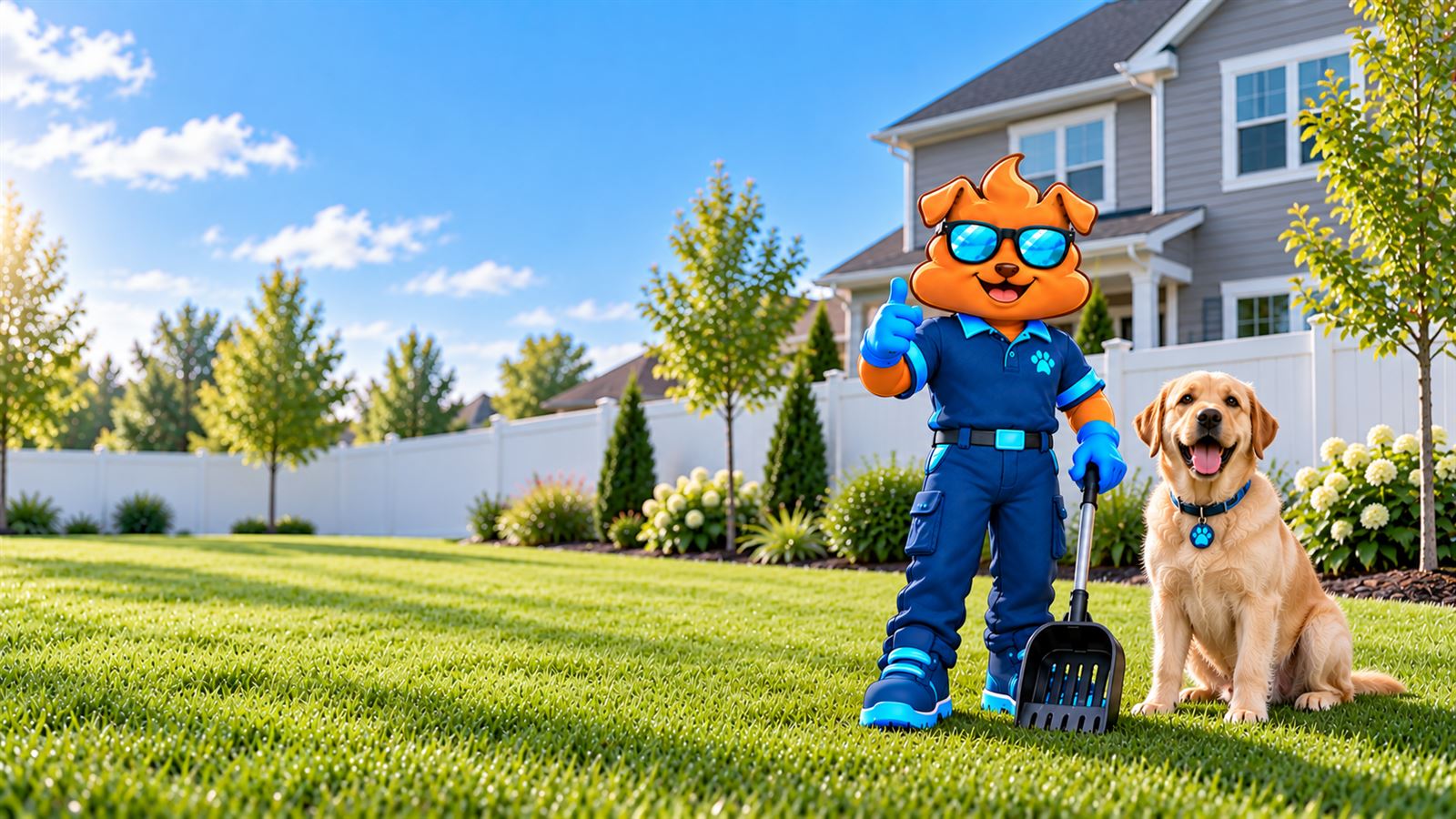 Purge Pros mascot in blue gloves giving a thumbs-up and holding a scooper beside a golden retriever on a sunny lawn, with a white privacy fence and a grey two-storey home behind.