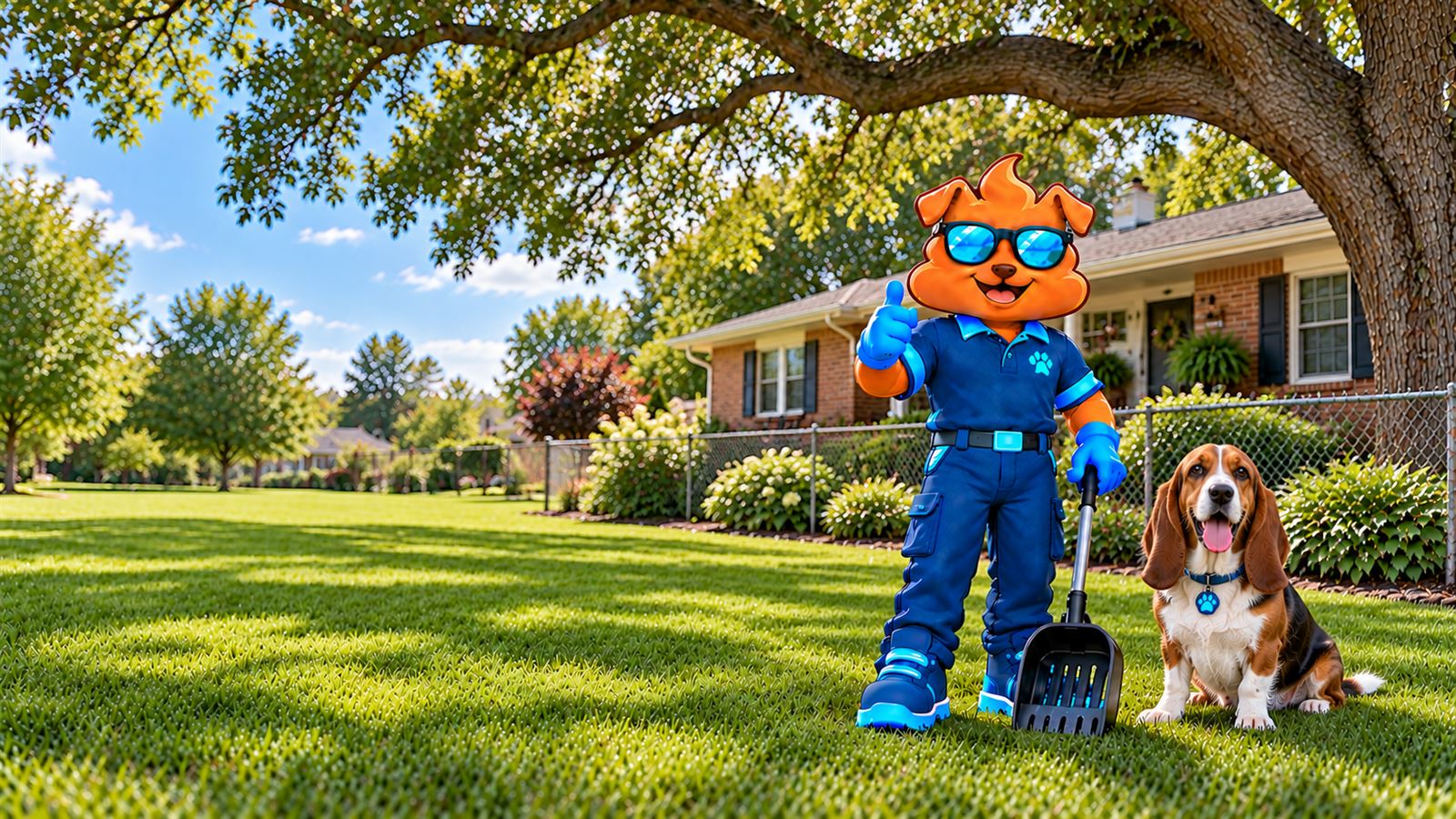Purge Pros mascot in blue gloves giving a thumbs-up and holding a scooper beside a basset hound under a large oak limb, with a chain-link fence and a brick ranch home behind.