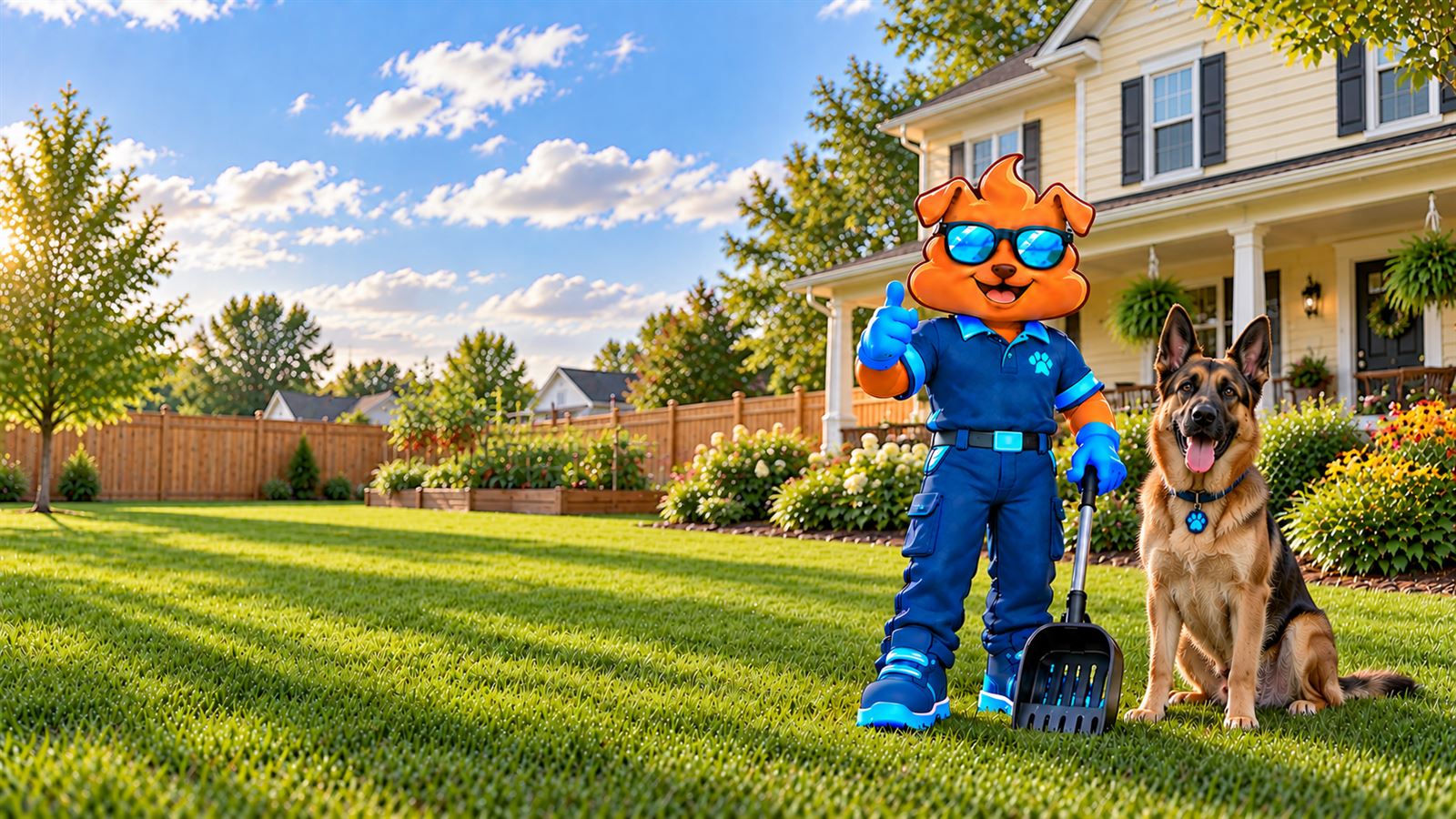 Purge Pros mascot in blue gloves giving a thumbs-up and holding a scooper beside a German shepherd on a wide lawn, with a wood privacy fence, raised garden beds and a cream two-storey home behind.