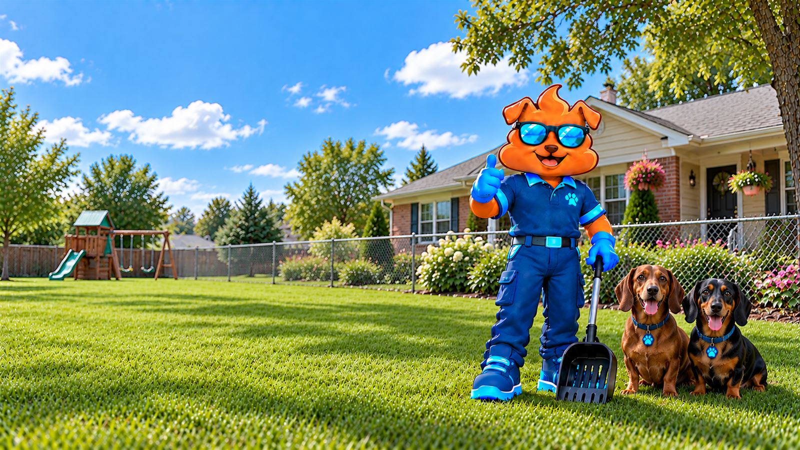 Purge Pros mascot in blue gloves giving a thumbs-up and holding a scooper beside two dachshunds on a lawn, with a chain-link fence, a swing set and a single-storey home behind.