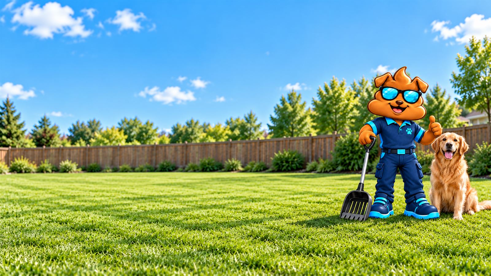Purge Pros mascot giving a thumbs-up beside a golden retriever on a freshly cleaned, fenced lawn.