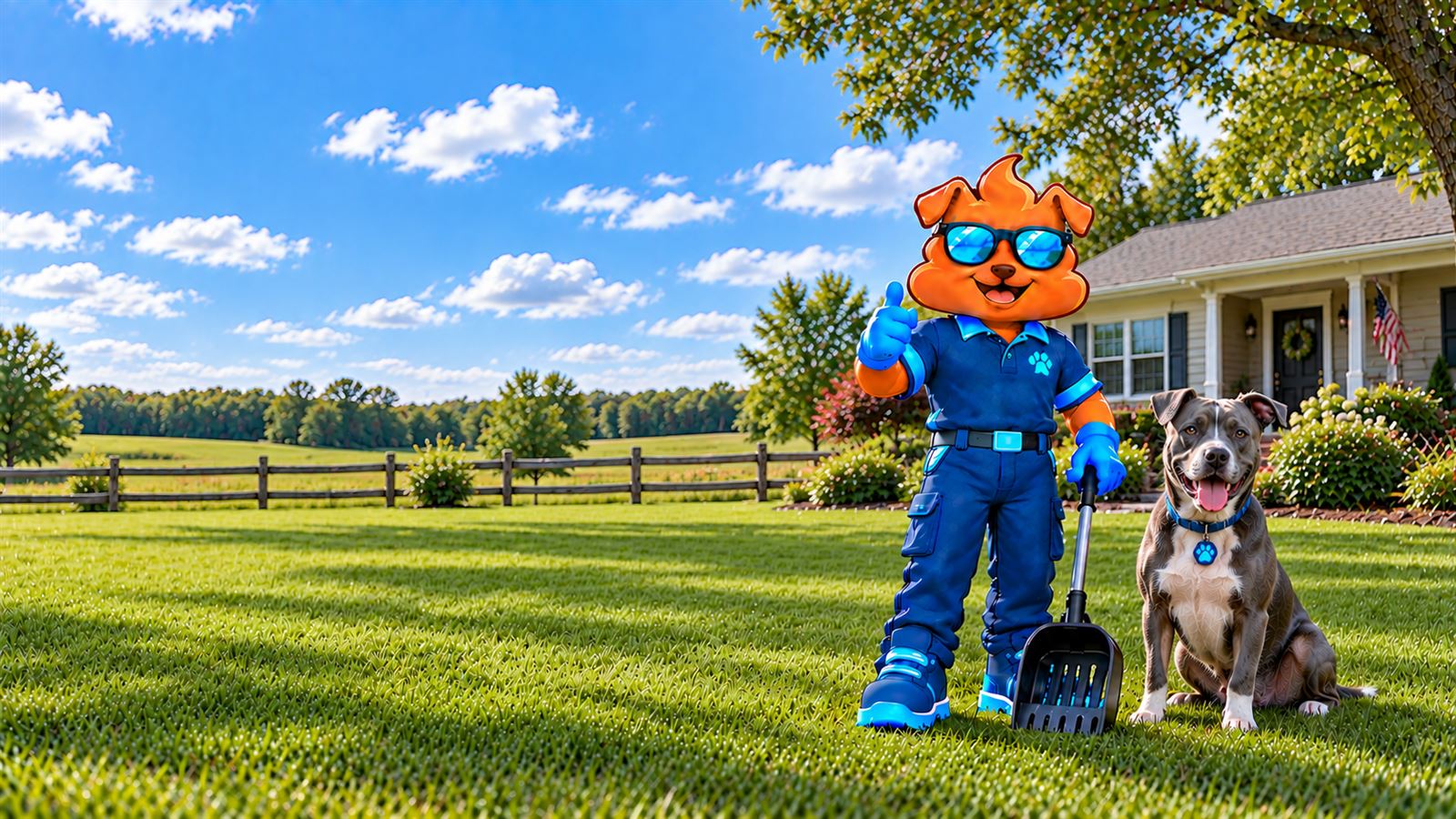 Purge Pros mascot in blue gloves giving a thumbs-up and holding a scooper beside a grey-and-white dog on a lawn that opens onto a fenced pasture under a wide sky.