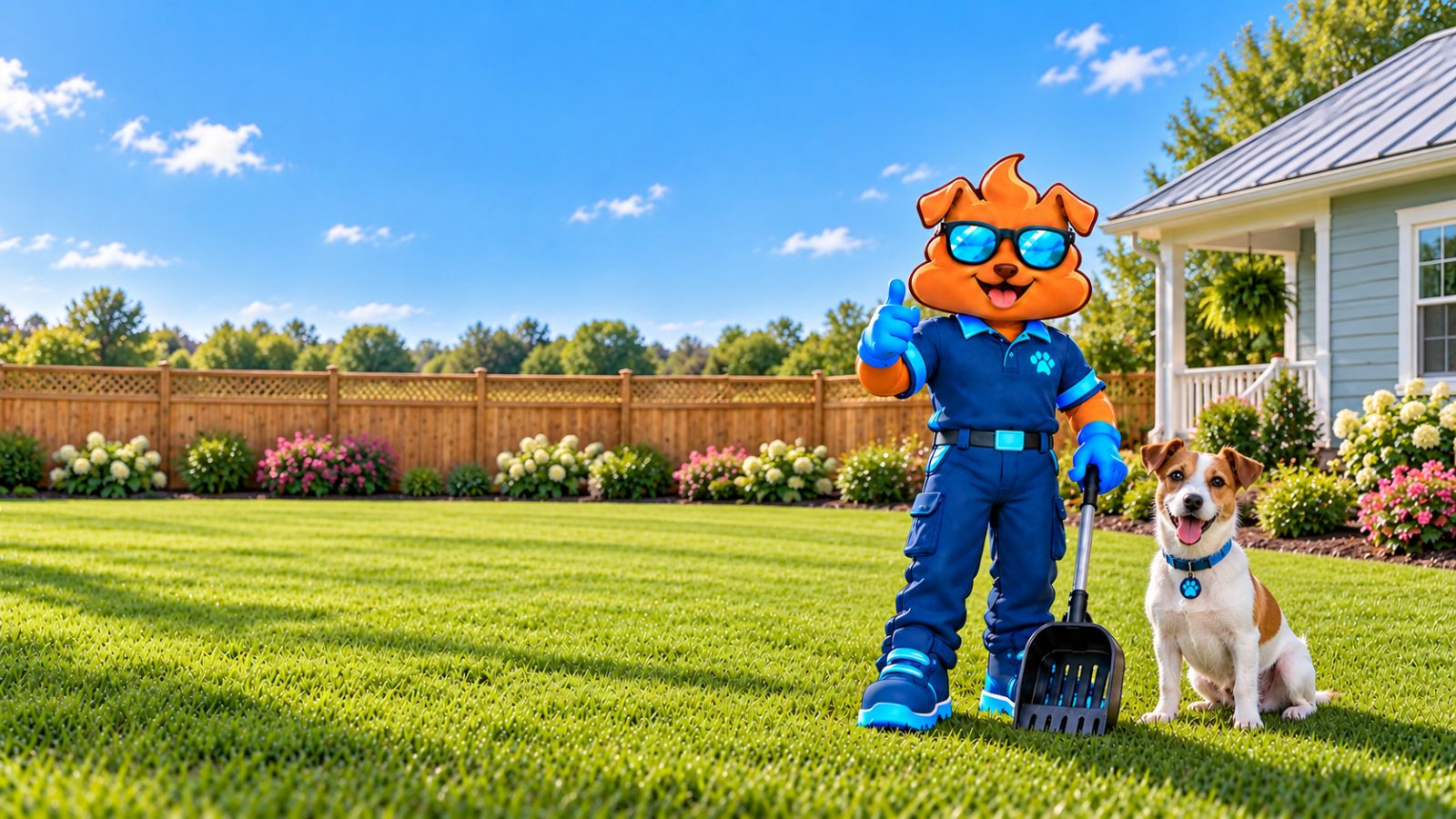 Purge Pros mascot in blue gloves giving a thumbs-up and holding a scooper beside a Jack Russell terrier on a small-town back lawn, with a lattice-topped cedar fence, a flower bed and a pale-blue bungalow with a metal roof behind.
