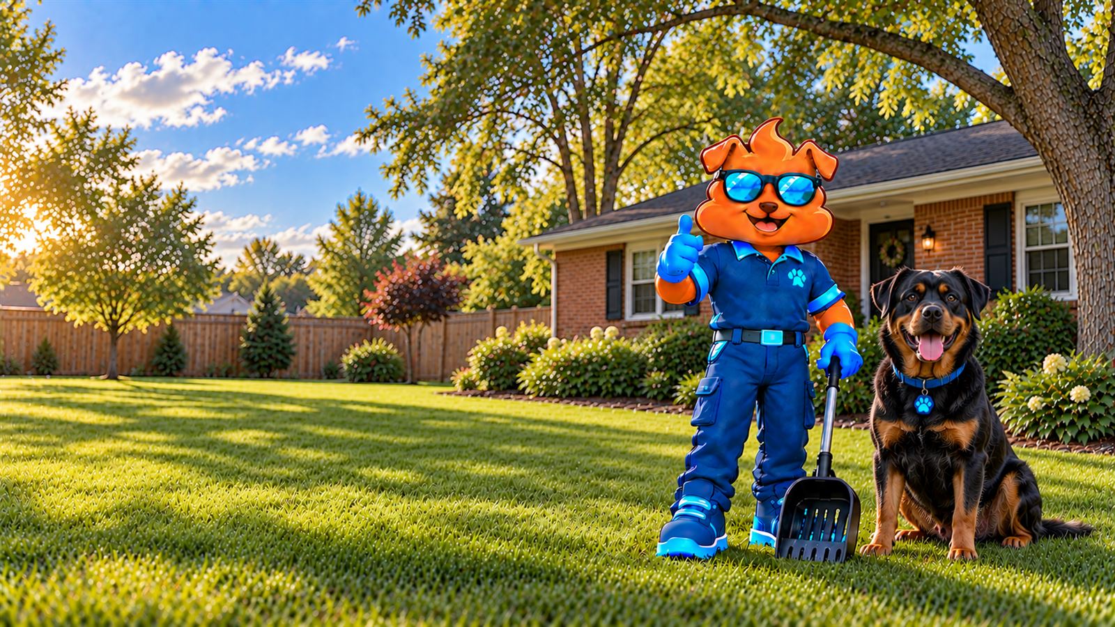 Purge Pros mascot in blue gloves giving a thumbs-up and holding a scooper beside a Rottweiler under a mature tree, with a wood privacy fence and a brick ranch home behind.