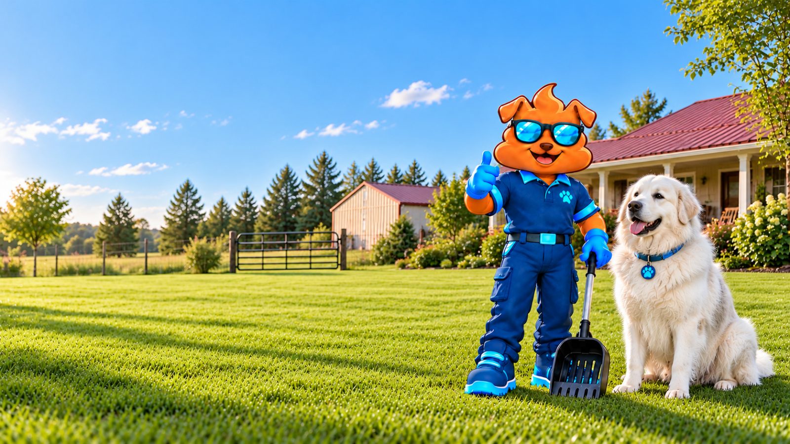 Purge Pros mascot in blue gloves giving a thumbs-up and holding a scooper beside a Great Pyrenees on a wide country lawn, with a steel farm gate, a row of pines and a low ranch home with a red metal roof and a pole barn behind.