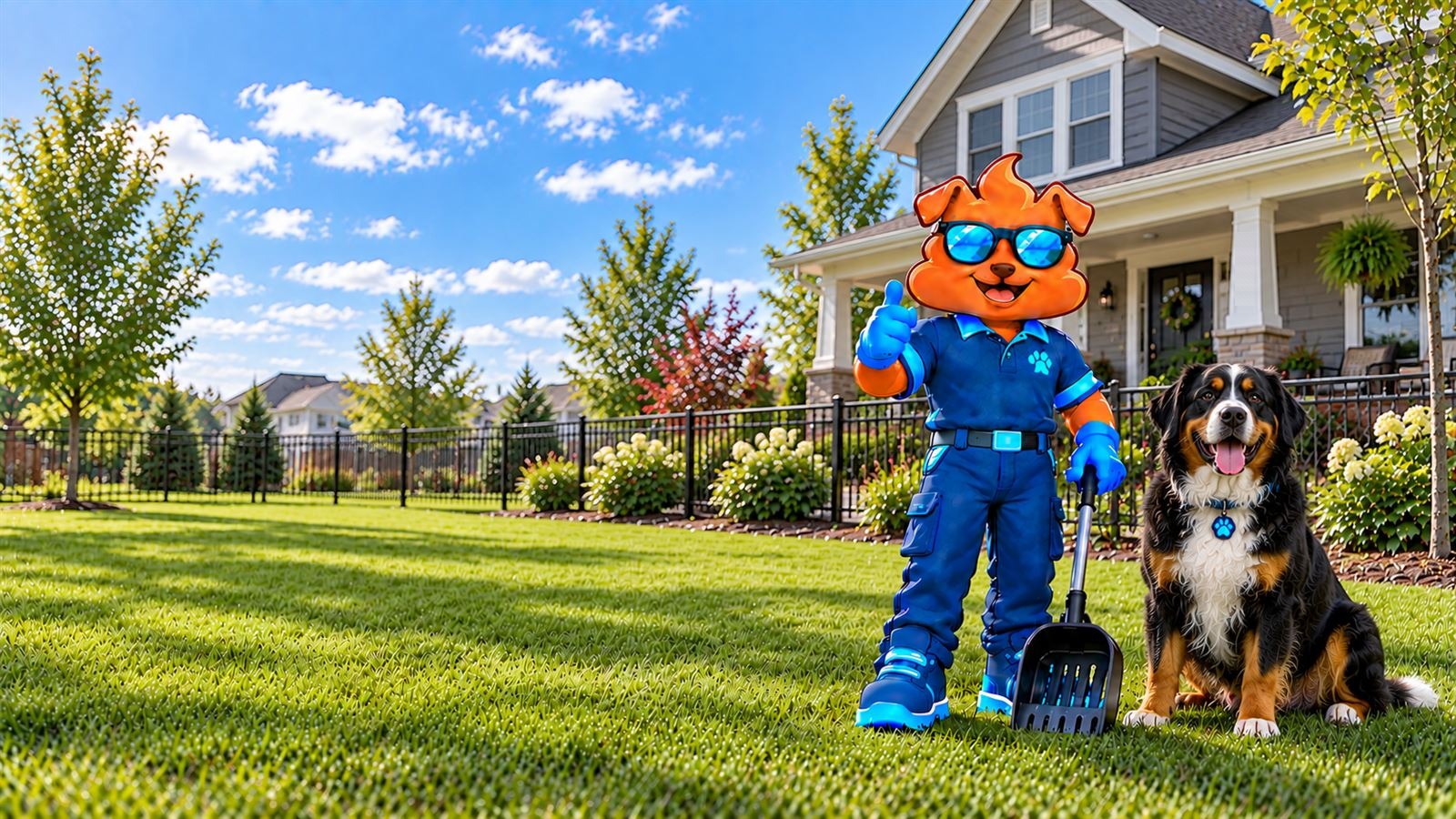 Purge Pros mascot in blue gloves giving a thumbs-up and holding a scooper beside a Bernese mountain dog on a new-build lawn, with a black metal fence and a grey craftsman home behind.