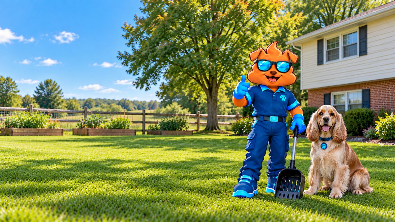 Purge Pros mascot in blue gloves giving a thumbs-up and holding a scooper beside a buff cocker spaniel on a lawn shaded by a mature maple, with a split-rail fence, raised vegetable beds and a brick-and-siding split-level home behind.