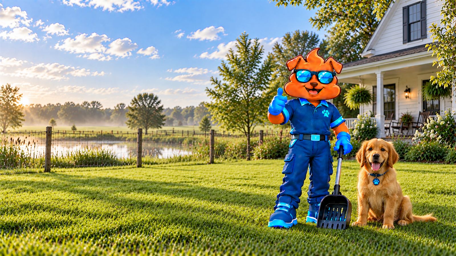 Purge Pros mascot in blue gloves giving a thumbs-up and holding a scooper beside a golden retriever on a lawn overlooking a misty pond and post fence at sunrise, next to a white farmhouse porch.