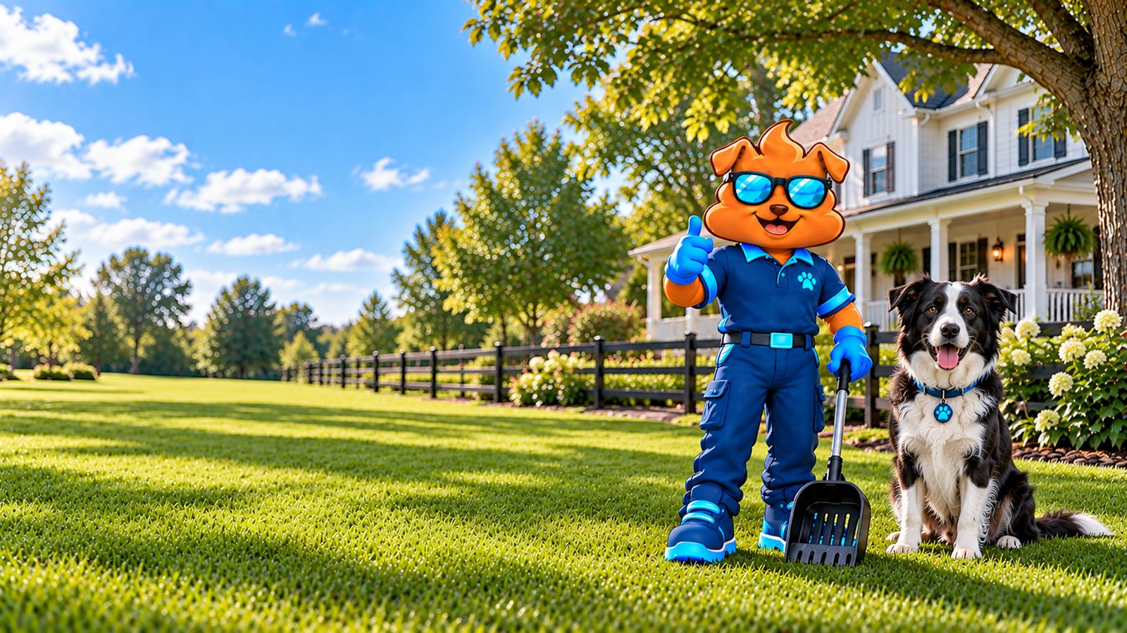 Purge Pros mascot in blue gloves giving a thumbs-up and holding a scooper beside a black-and-white border collie under a shade tree, with a dark board fence and a white porch-front home behind.