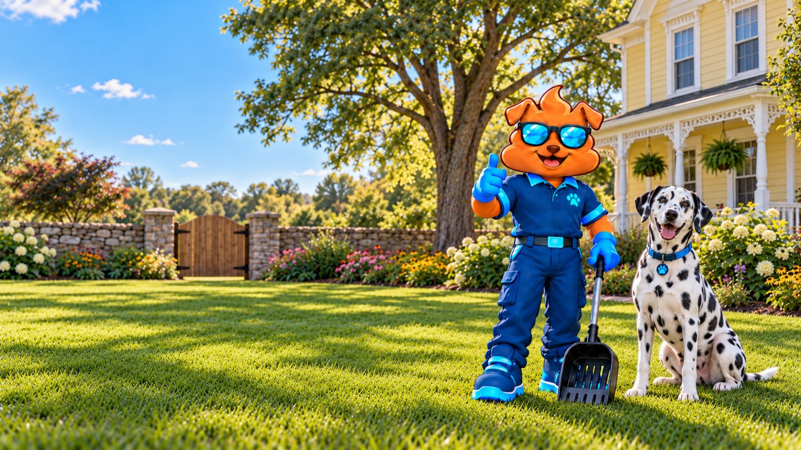 Purge Pros mascot in blue gloves giving a thumbs-up and holding a scooper beside a Dalmatian on a deep, shaded lawn, with a low stone wall, a wooden gate and a butter-yellow Victorian house with white trim behind.