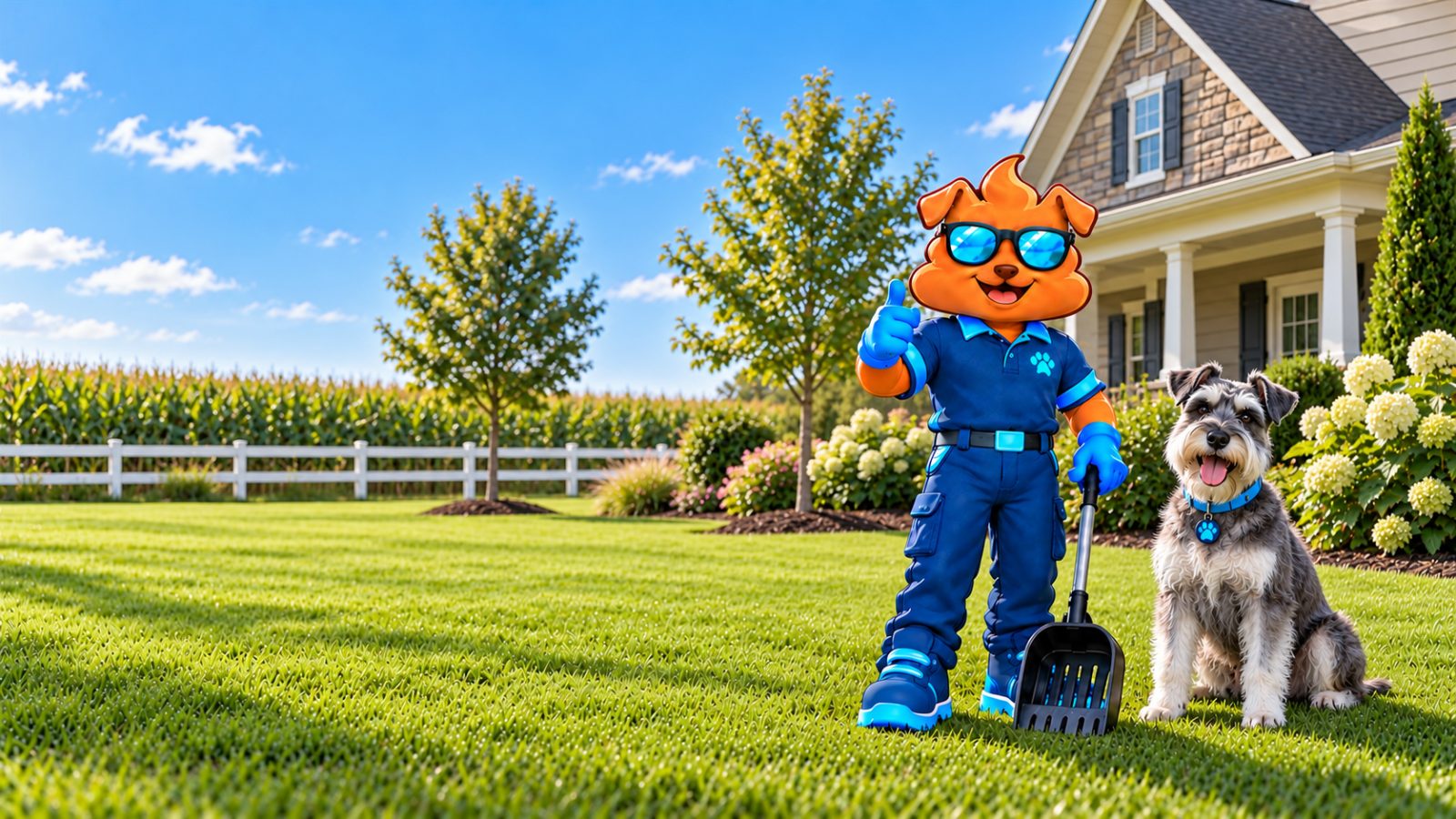 Purge Pros mascot in blue gloves giving a thumbs-up and holding a scooper beside a miniature schnauzer on a lawn at the edge of a subdivision, with a white three-rail fence, a cornfield beyond it and a taupe home with a stone-trimmed gable behind.