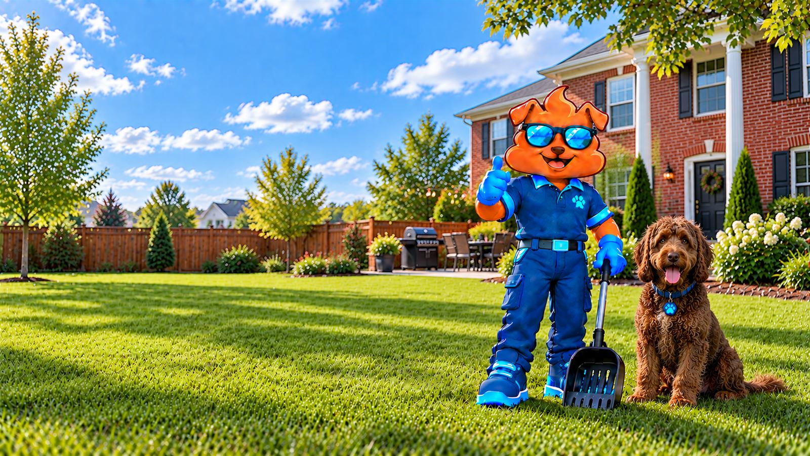 Purge Pros mascot in blue gloves giving a thumbs-up and holding a scooper beside a chocolate-brown doodle on a lawn, with a wood privacy fence, a patio grill and a red-brick two-storey home behind.