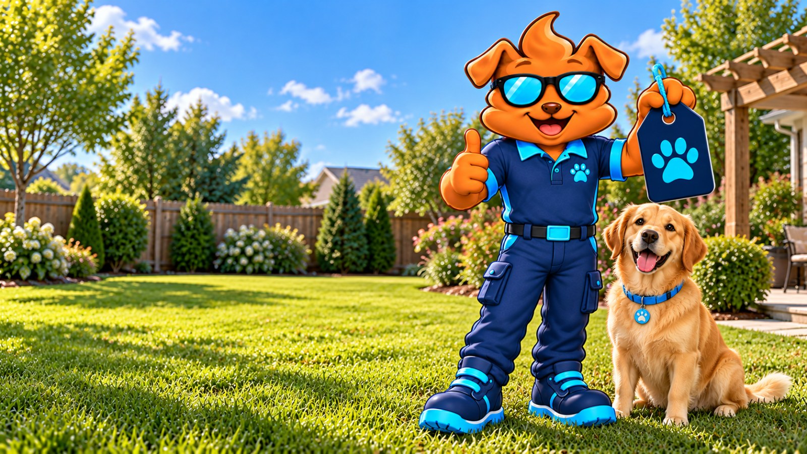 Purge Pros mascot standing on a sunny back lawn beside a sitting golden retriever, giving a thumbs-up and holding up a navy tag with a paw print on it.