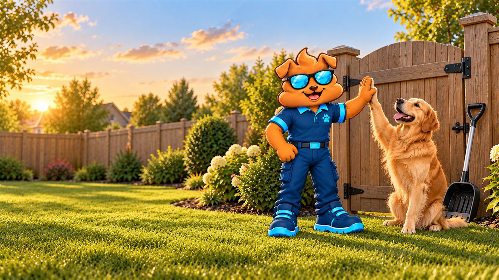 Purge Pros mascot high-fiving a golden retriever beside a wooden yard gate at sunset.