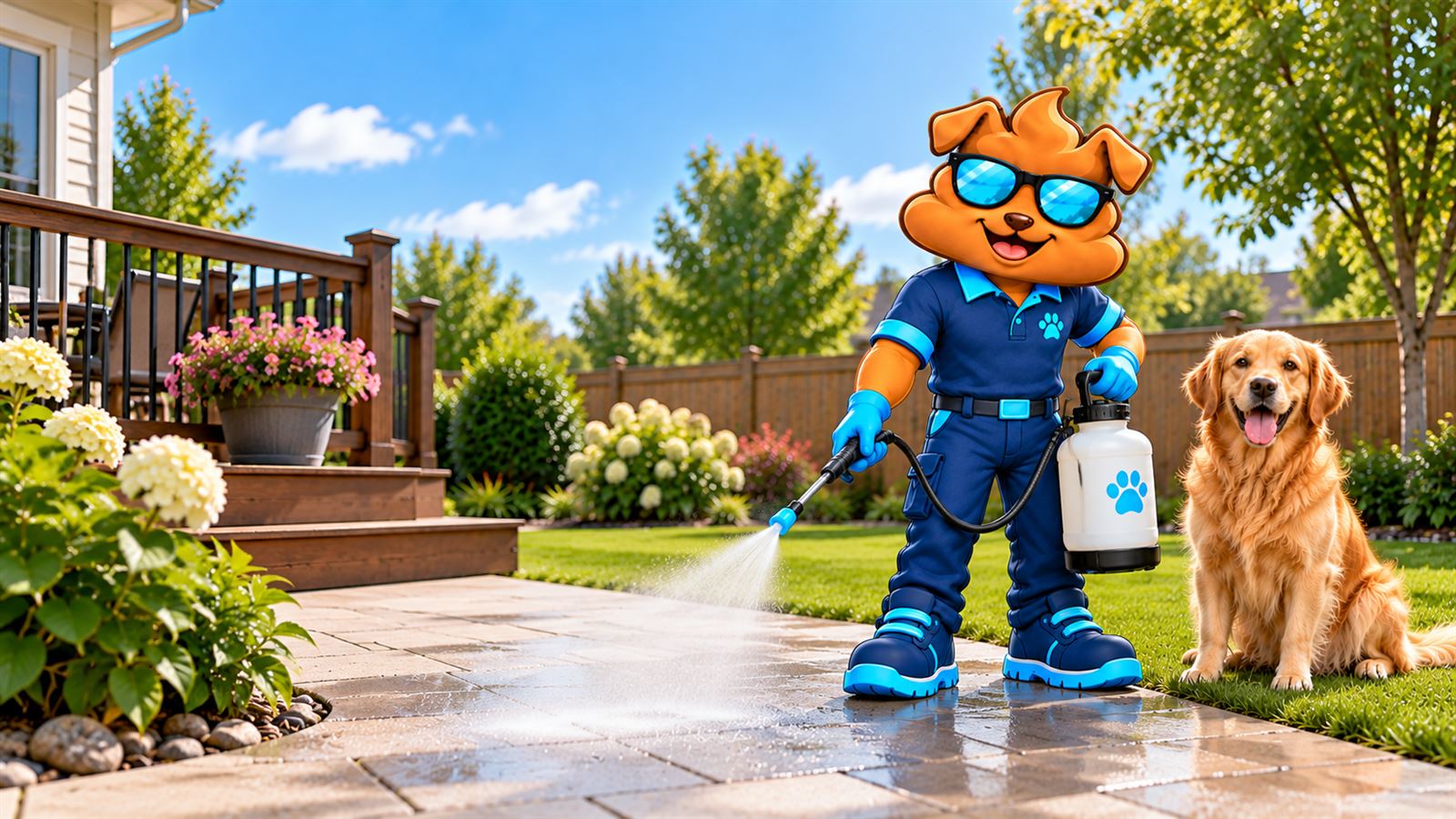 Purge Pros mascot in blue gloves spraying a wet stone patio with a pump sprayer while a golden retriever sits on the lawn beside him.