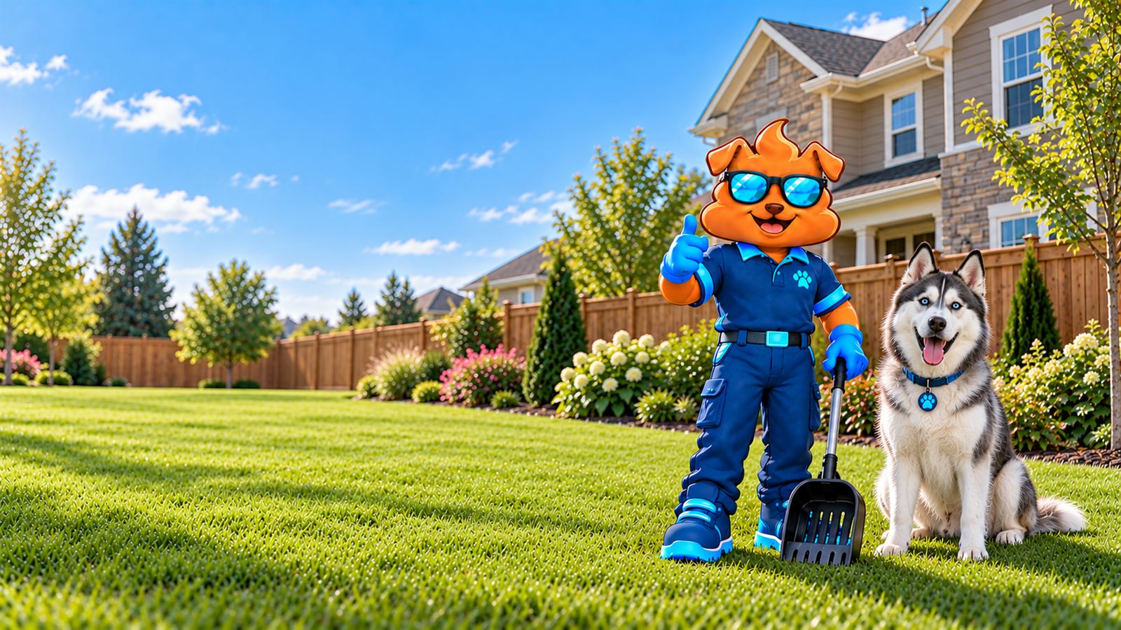 Purge Pros mascot in blue gloves giving a thumbs-up and holding a scooper beside a husky on a wide lawn, with a cedar privacy fence and a newer stone-and-shingle home behind.