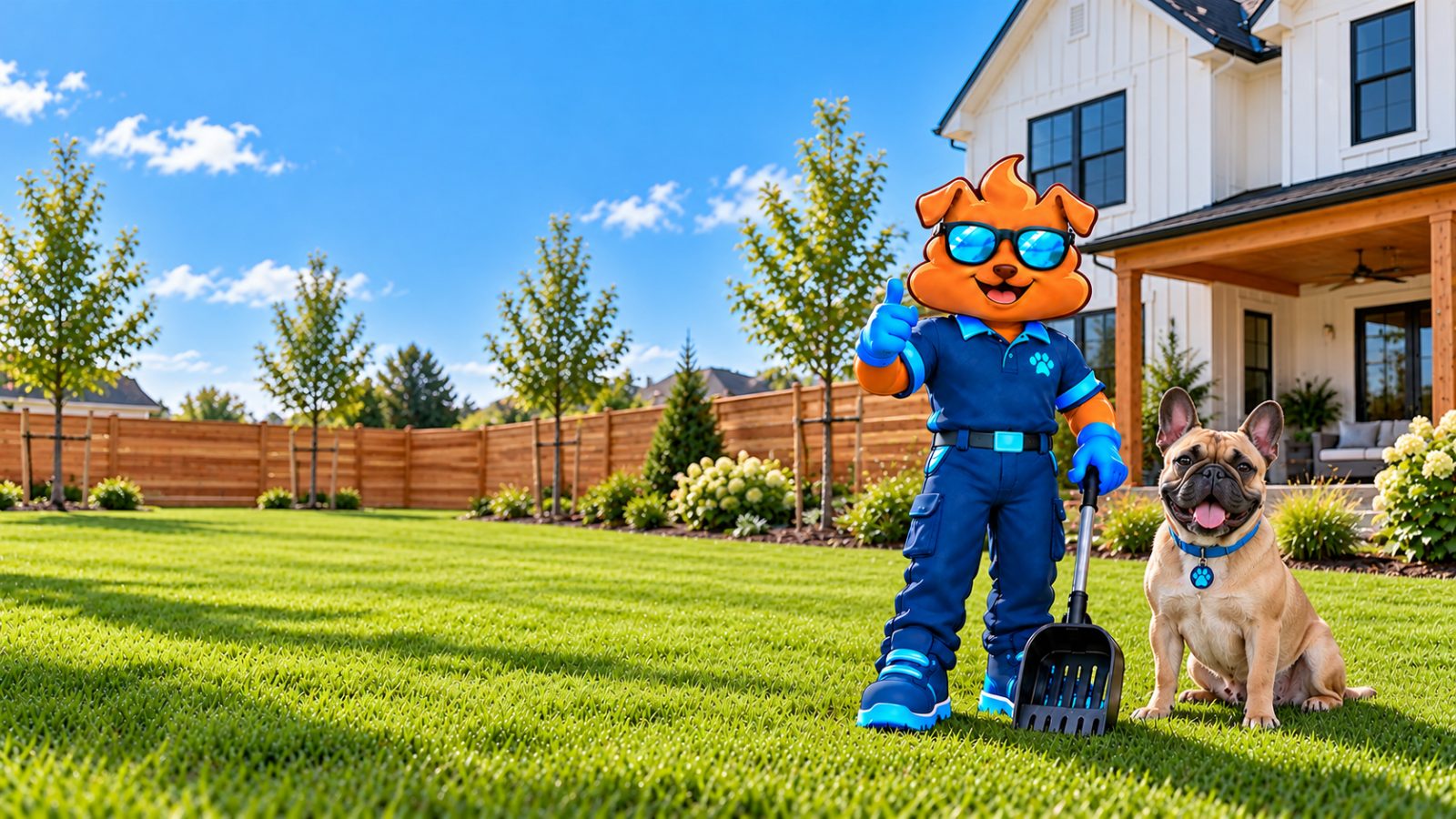Purge Pros mascot in blue gloves giving a thumbs-up and holding a scooper beside a French bulldog on a new lawn, with a horizontal-slat cedar fence, staked young trees and a white board-and-batten home behind.