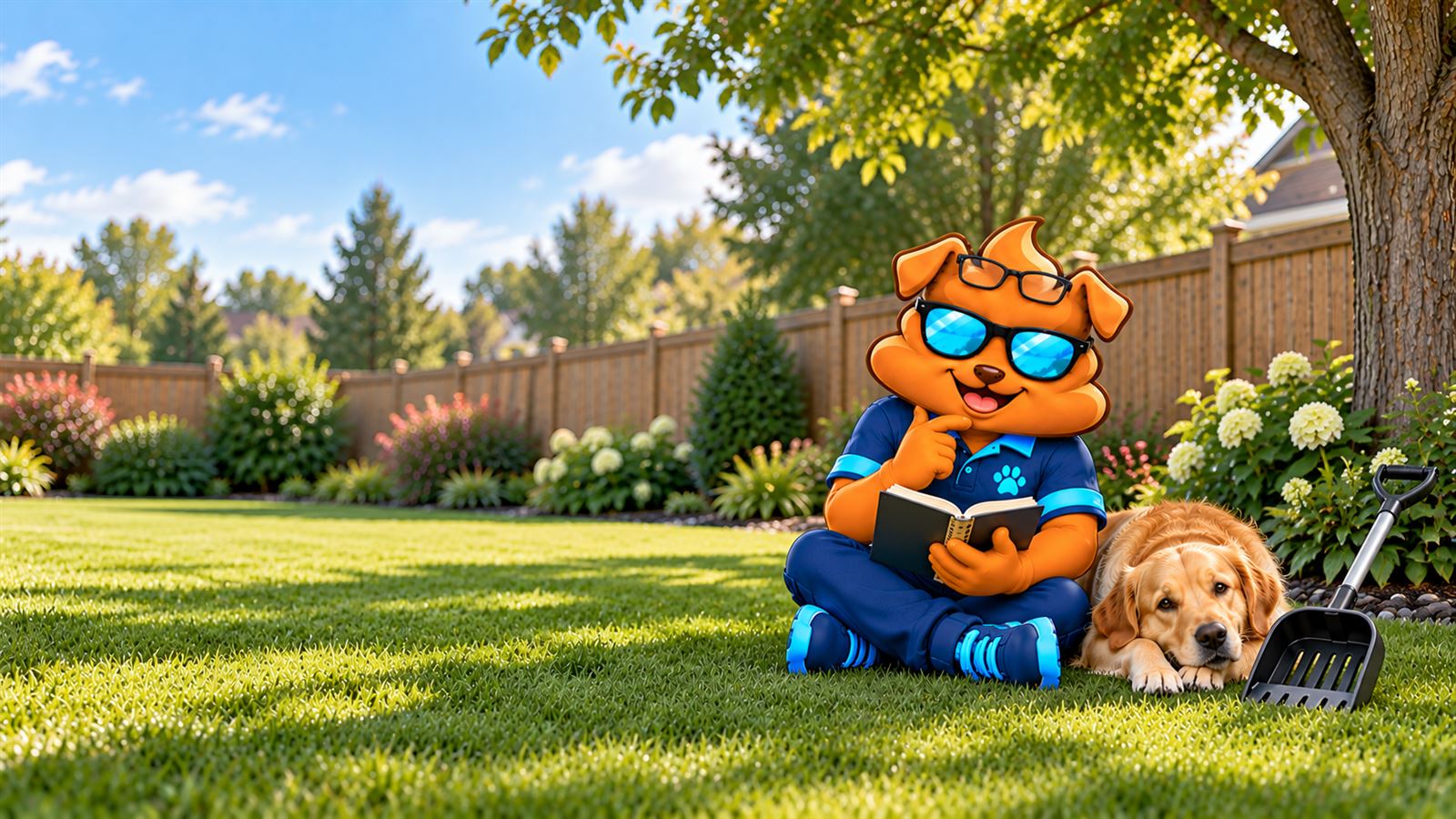 Purge Pros mascot sitting cross-legged under a tree reading a book, a golden retriever dozing beside him and his scooper leaning in the grass.