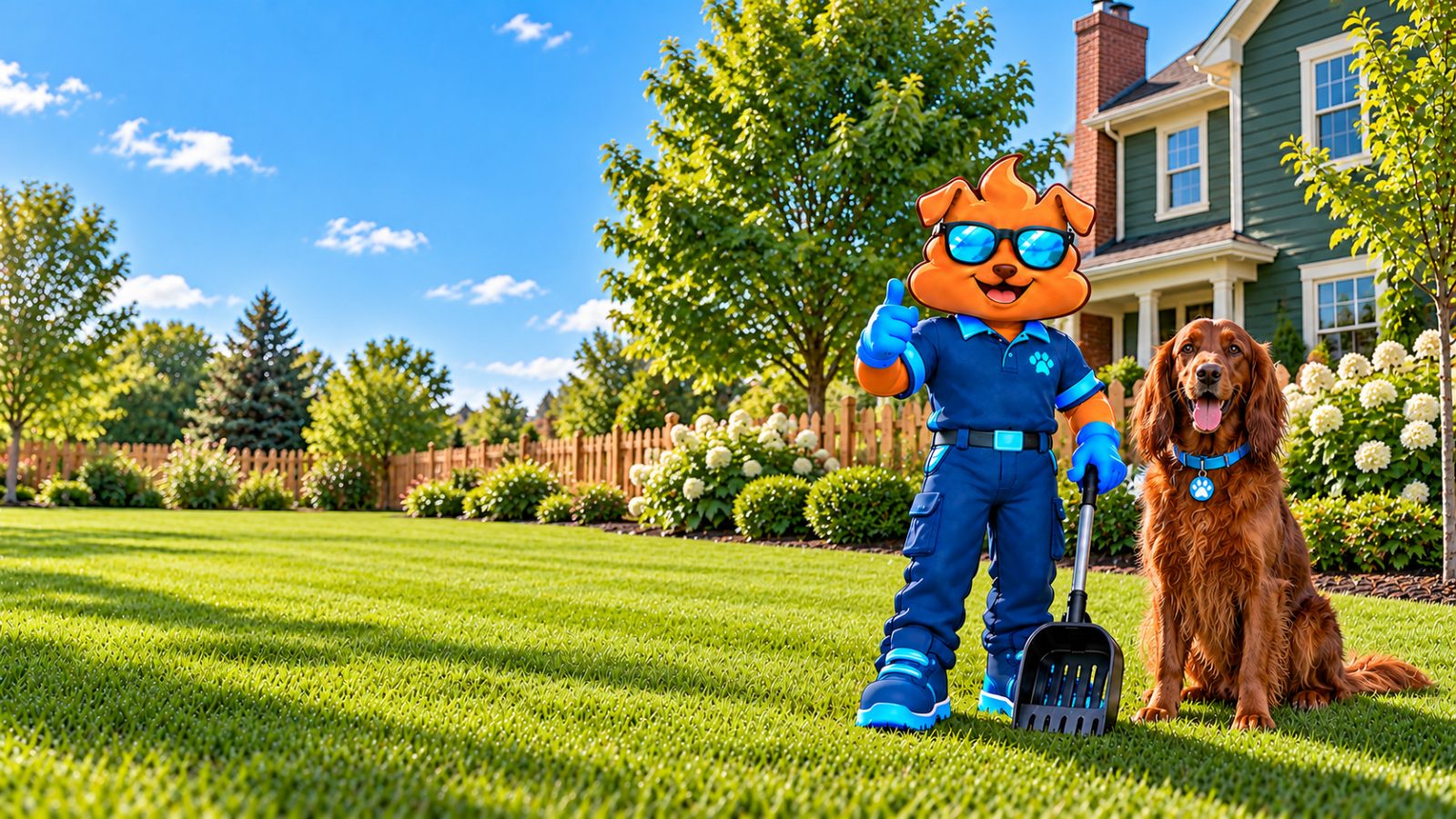 Purge Pros mascot in blue gloves giving a thumbs-up and holding a scooper beside an Irish setter on a shaded lawn, with a cedar picket fence, a tall maple and a deep-green clapboard home behind.